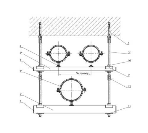 Крепления нескольких трубопроводов к перекрытию в Жодино